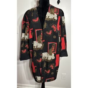 Vintage 80s Kari's Korner Black Red Mixed Print Long Jacket Blazer Plus Size 20